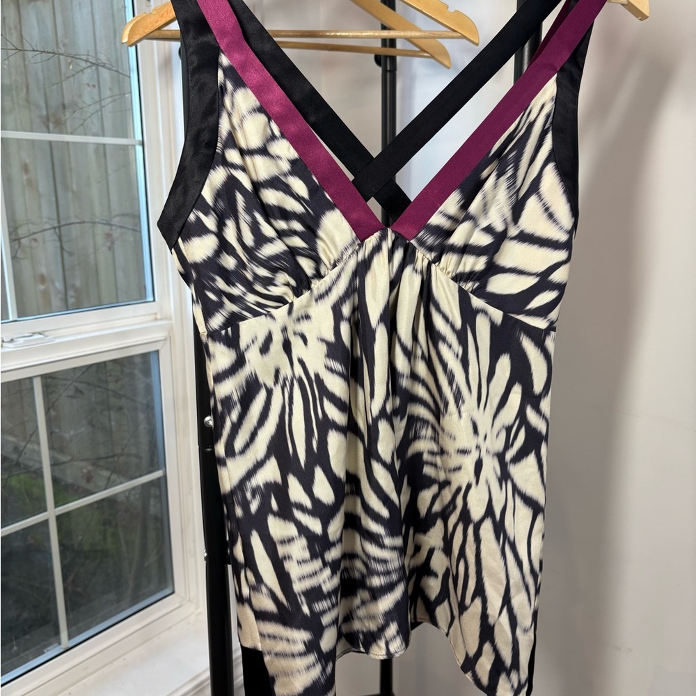 ETRO 100% Silk Black and Cream Top with Pink Accents